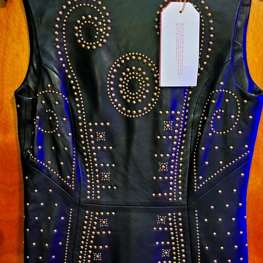 Versace for H&M Black Leather Sleeveless Dress, Gold Studs Accents